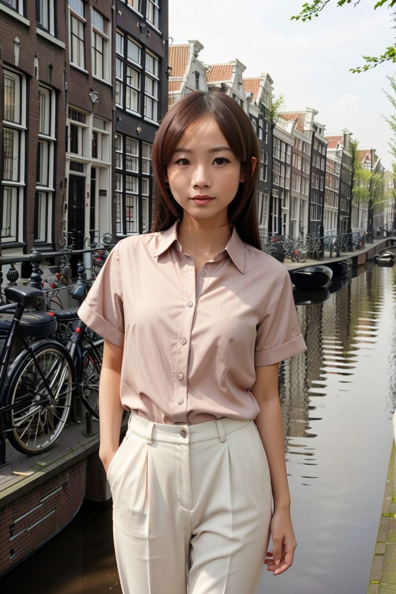 <lora:minitw_obj20:0.5>, asian woman, full_body, standing, sandals, (shirt), pants, (amsterdam canals), (minitw: 1.3), per...